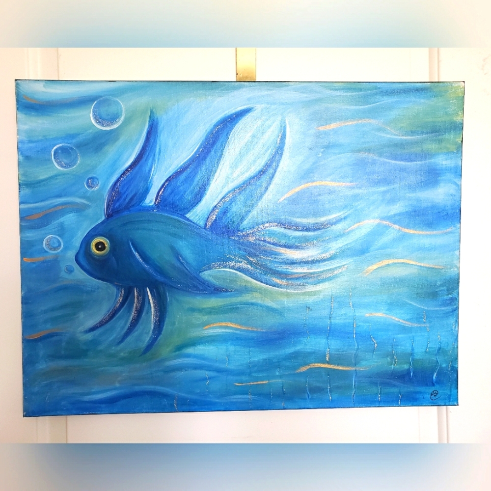 Blue Fish Original Art On Canvas